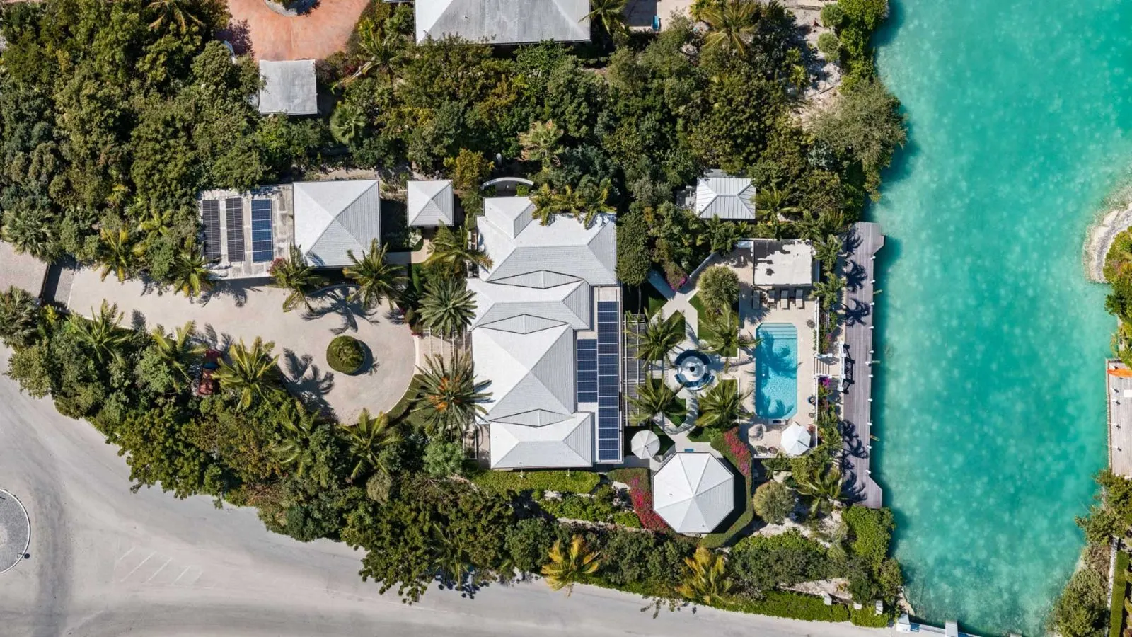 Top-down aerial of the estate beside the canal.