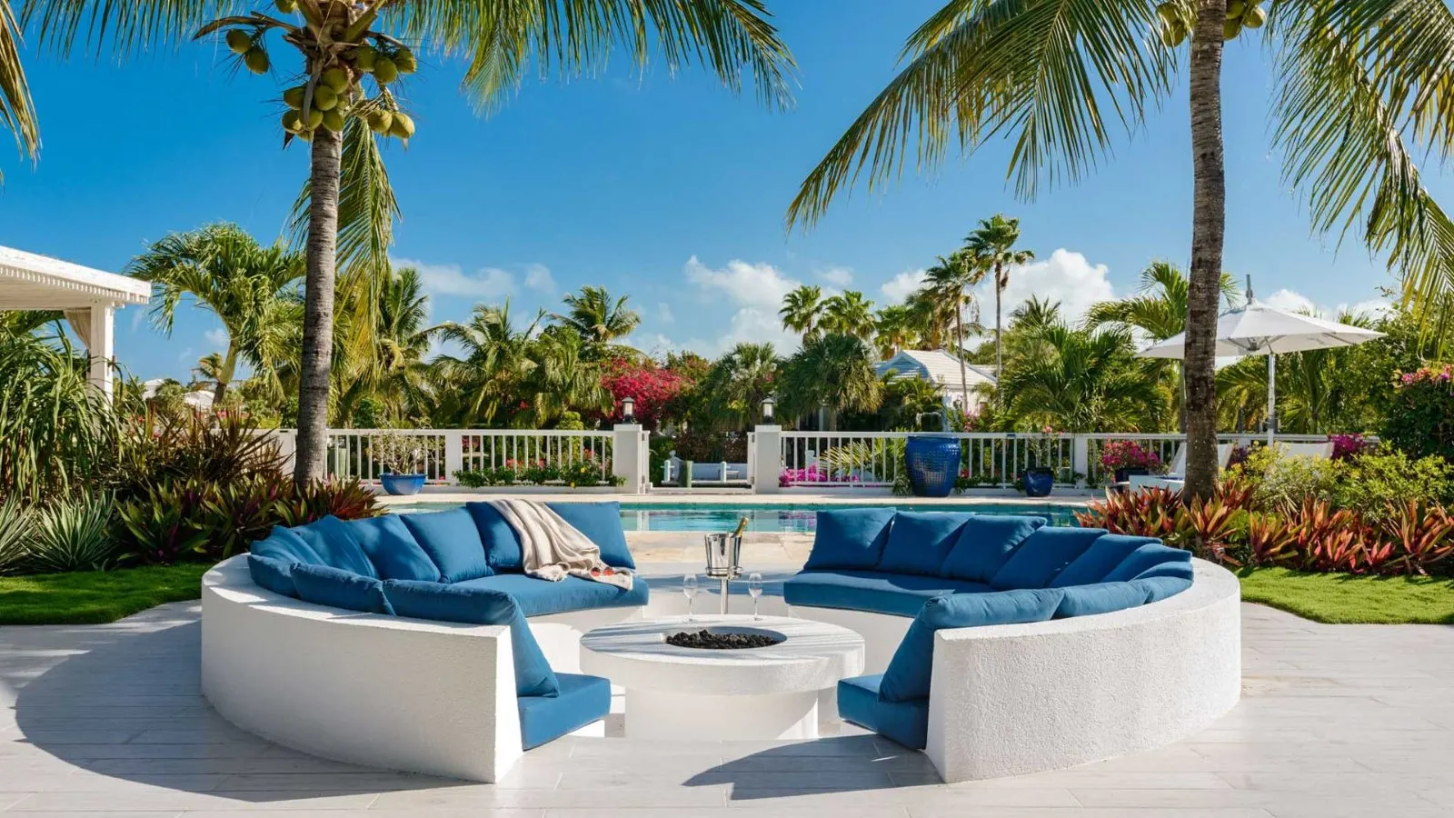 Outdoor firepit and garden lounge at the villa.