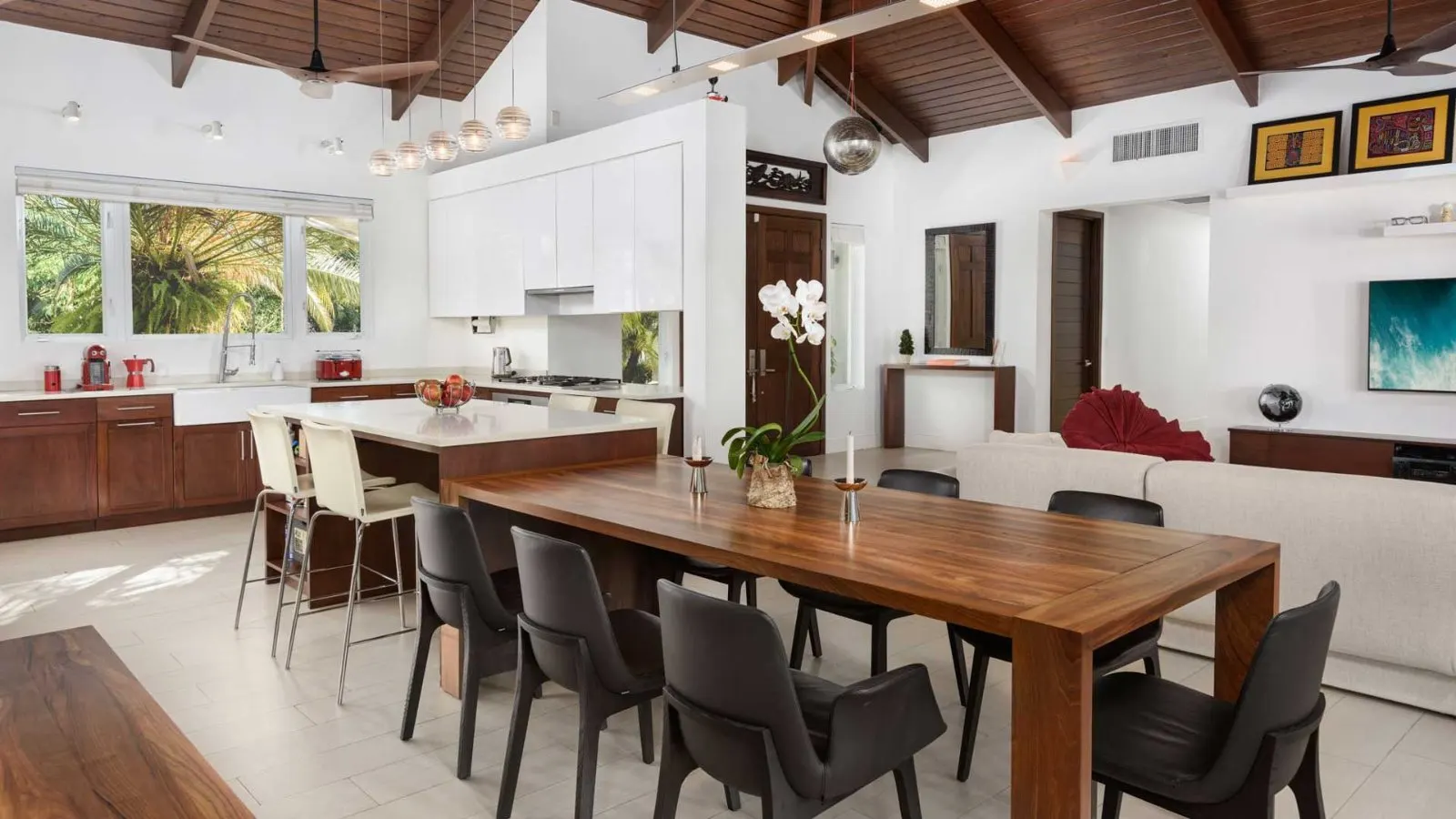 Indoor dining area open to the garden.